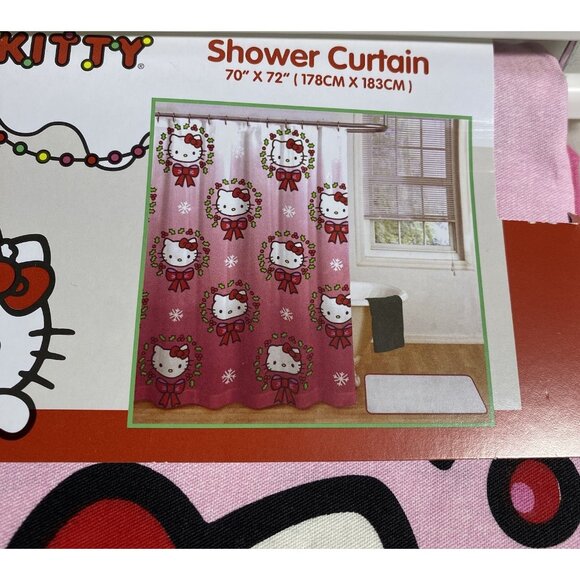 Hello Kitty Christmas Wreath Shower Curtain 70”x72” Gradient 100% Cotton - Picture 2 of 9